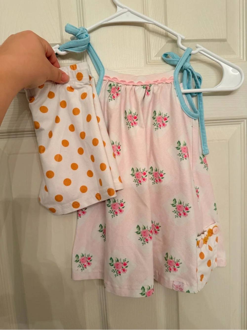 SweetHoney Pink Floral Top with Blue Straps and Orange Polka Dot Shorts